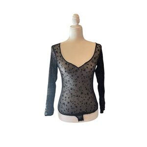 bodysuit black sheer thong plunge neckline scoop back long sleeve snap closure